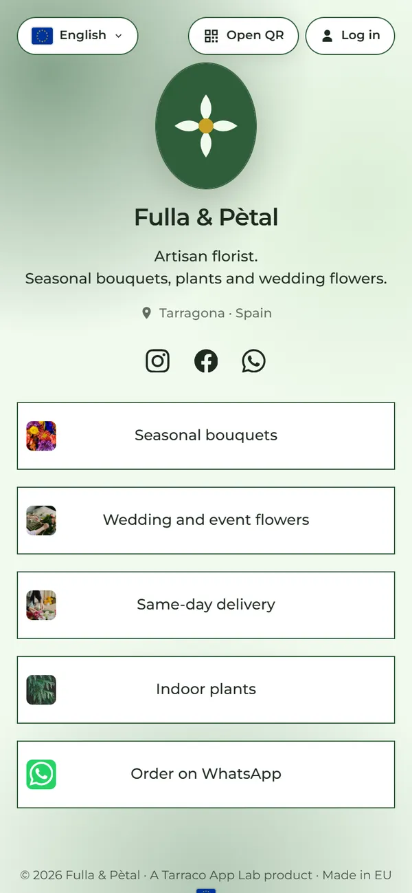 Example links hub for a made-up florist, Fulla & Pètal, seen on a phone
