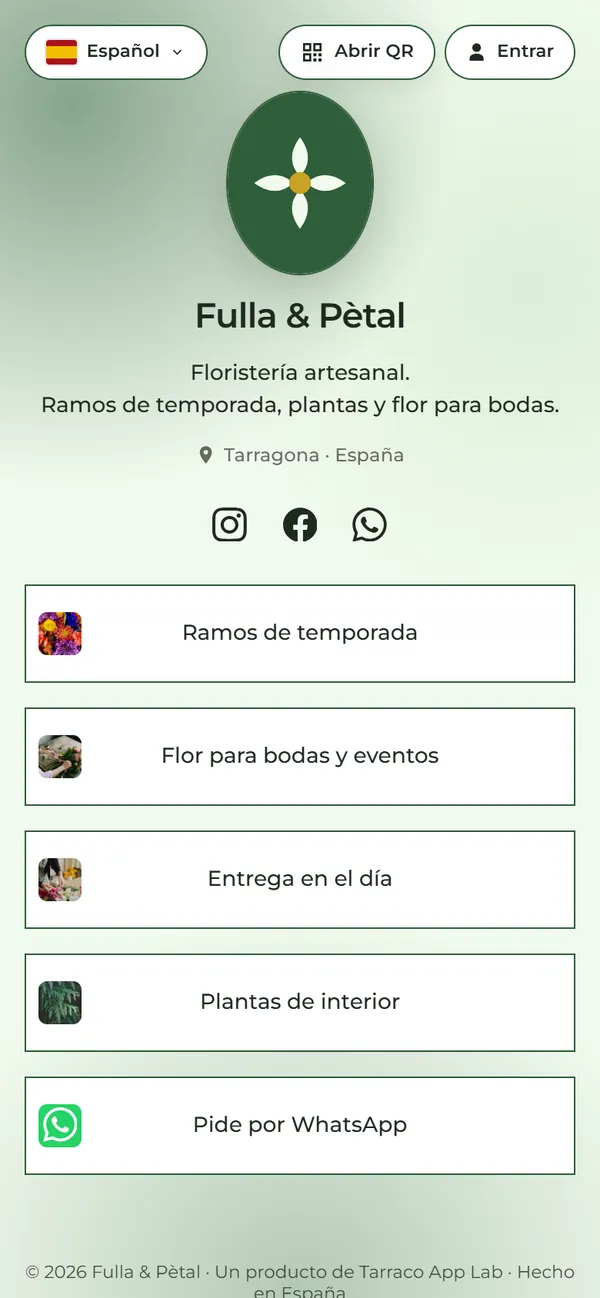 Contenedor de ejemplo de una floristería inventada, Fulla & Pètal, visto en el móvil