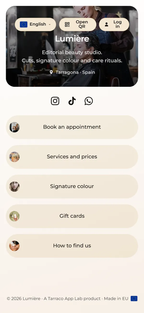 Example links hub for a made-up hair salon, Lumière, seen on a phone