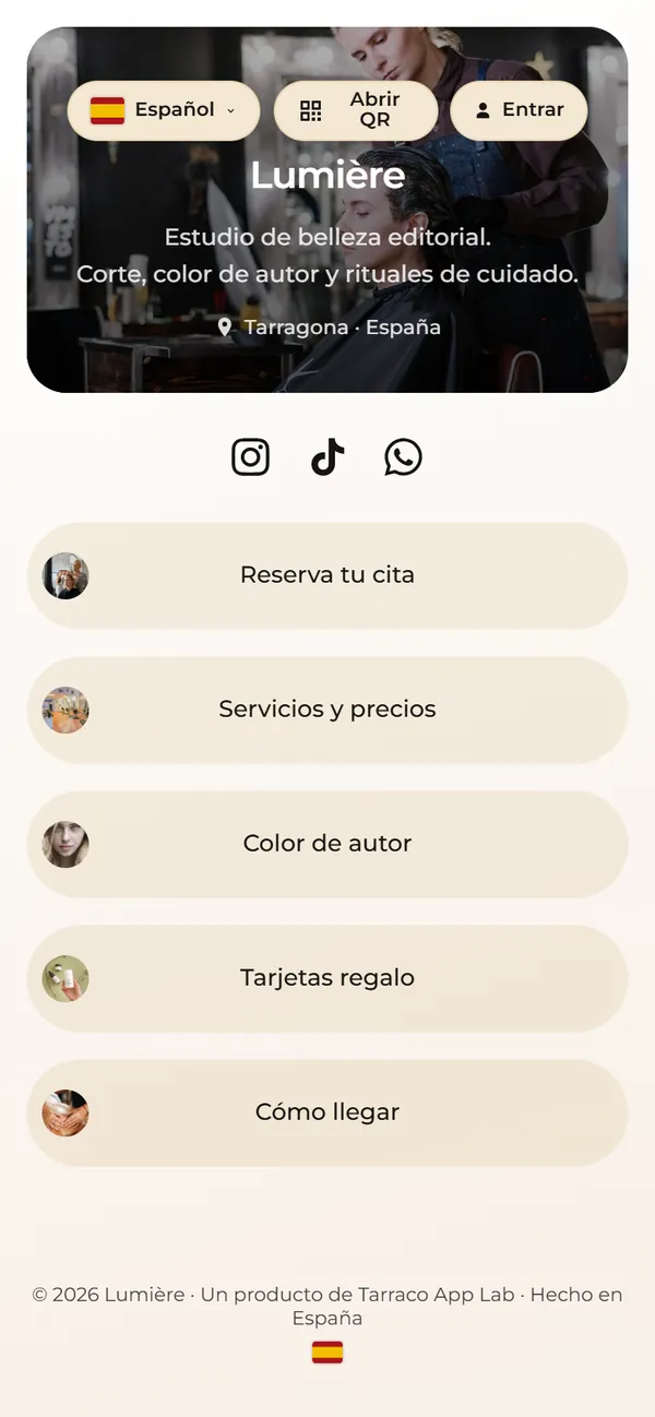 Contenedor de ejemplo de una peluquería inventada, Lumière, visto en el móvil