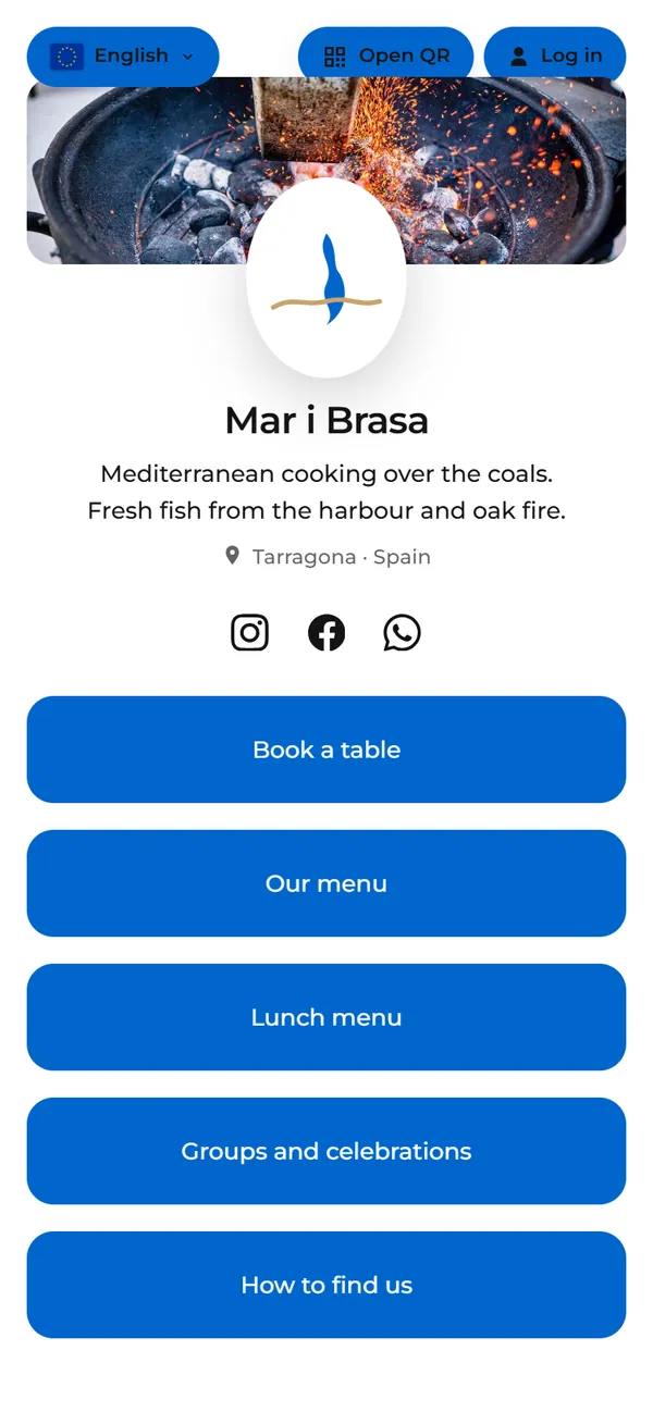 Example links hub for a made-up restaurant, Mar i Brasa, seen on a phone