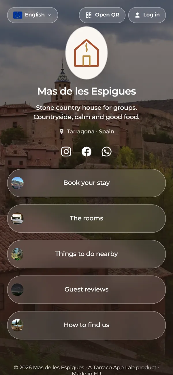 Example links hub for a made-up country house, Mas de les Espigues, seen on a phone