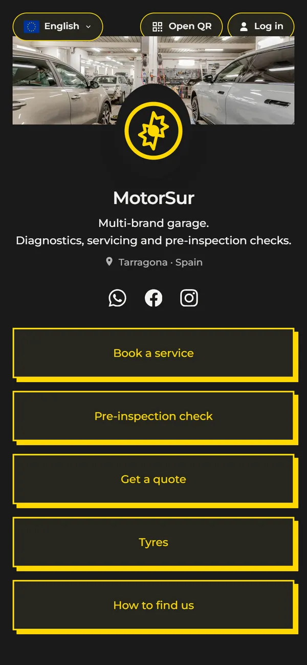 Example links hub for a made-up garage, MotorSur, seen on a phone