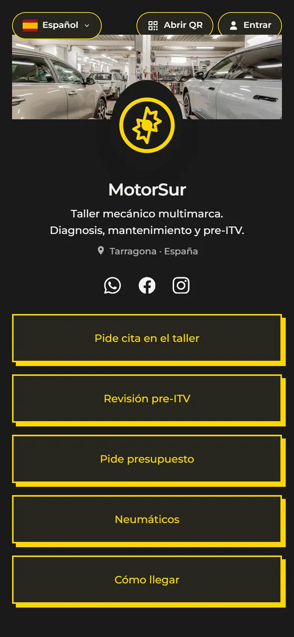 Contenedor de ejemplo de un taller mecánico inventado, MotorSur, visto en el móvil
