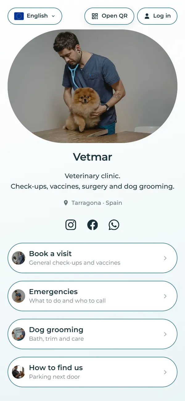 Example links hub for a made-up vet clinic, Vetmar, seen on a phone