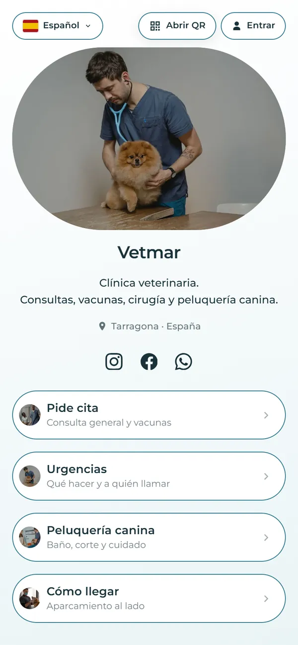Contenedor de ejemplo de una clínica veterinaria inventada, Vetmar, visto en el móvil