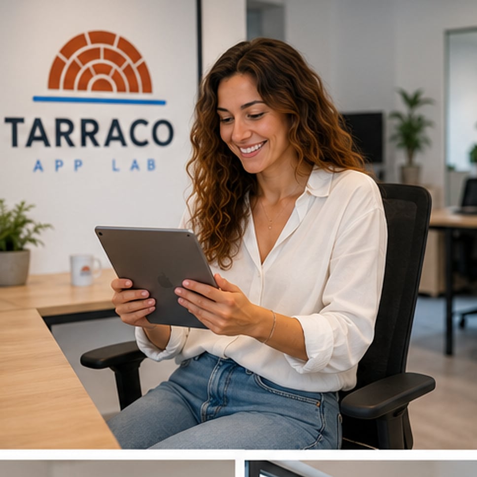 Una integrante del equipo de Tarraco App Lab revisa una tableta en la oficina