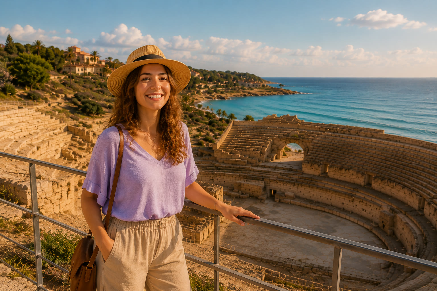 Una visitante sonríe junto a la barandilla del mirador del anfiteatro romano de Tarragona