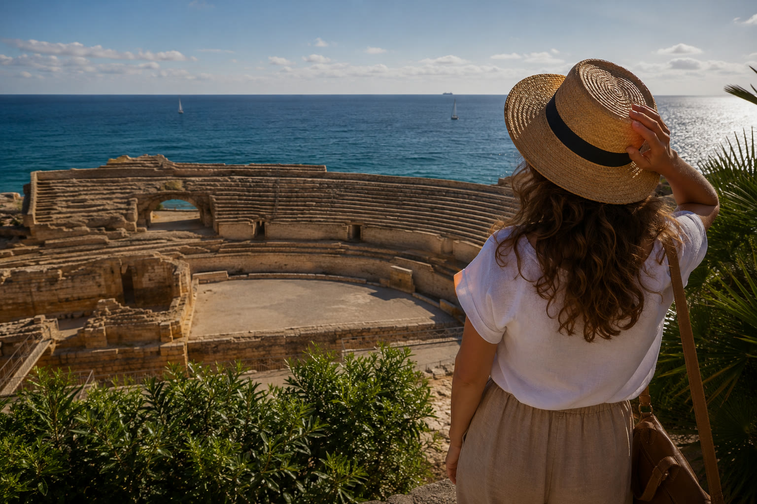 A visitor gazes at the Roman amphitheatre of Tarragona from the viewpoint, holding on to her hat