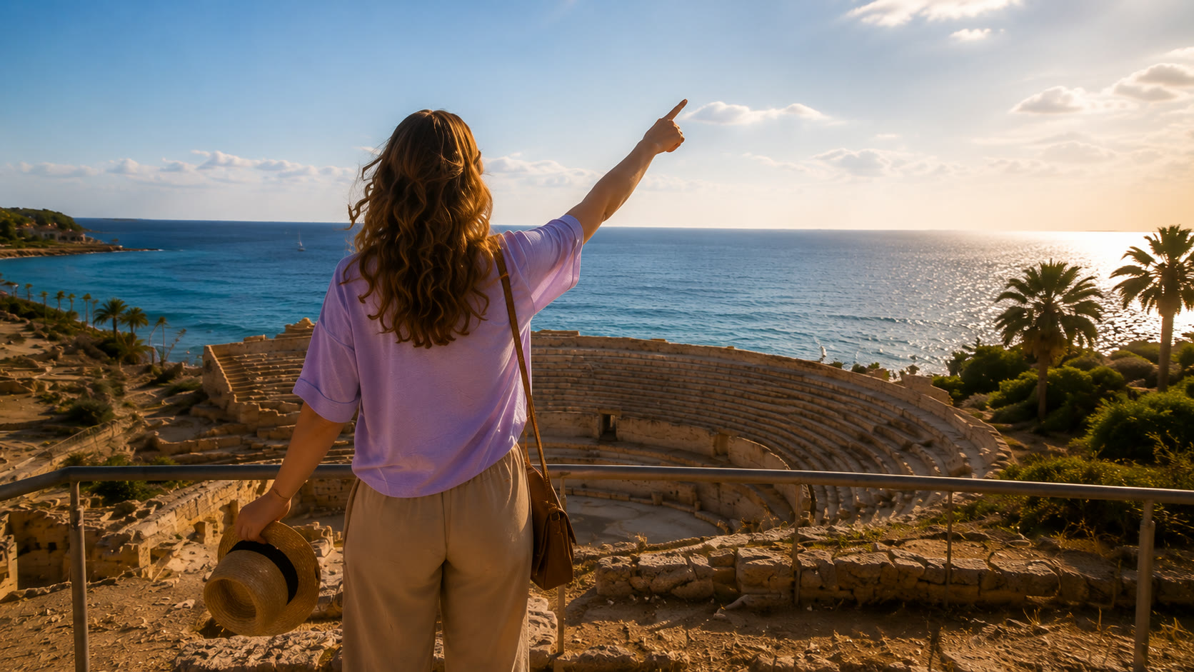 Una visitante señala el horizonte del mar desde el anfiteatro romano de Tarragona