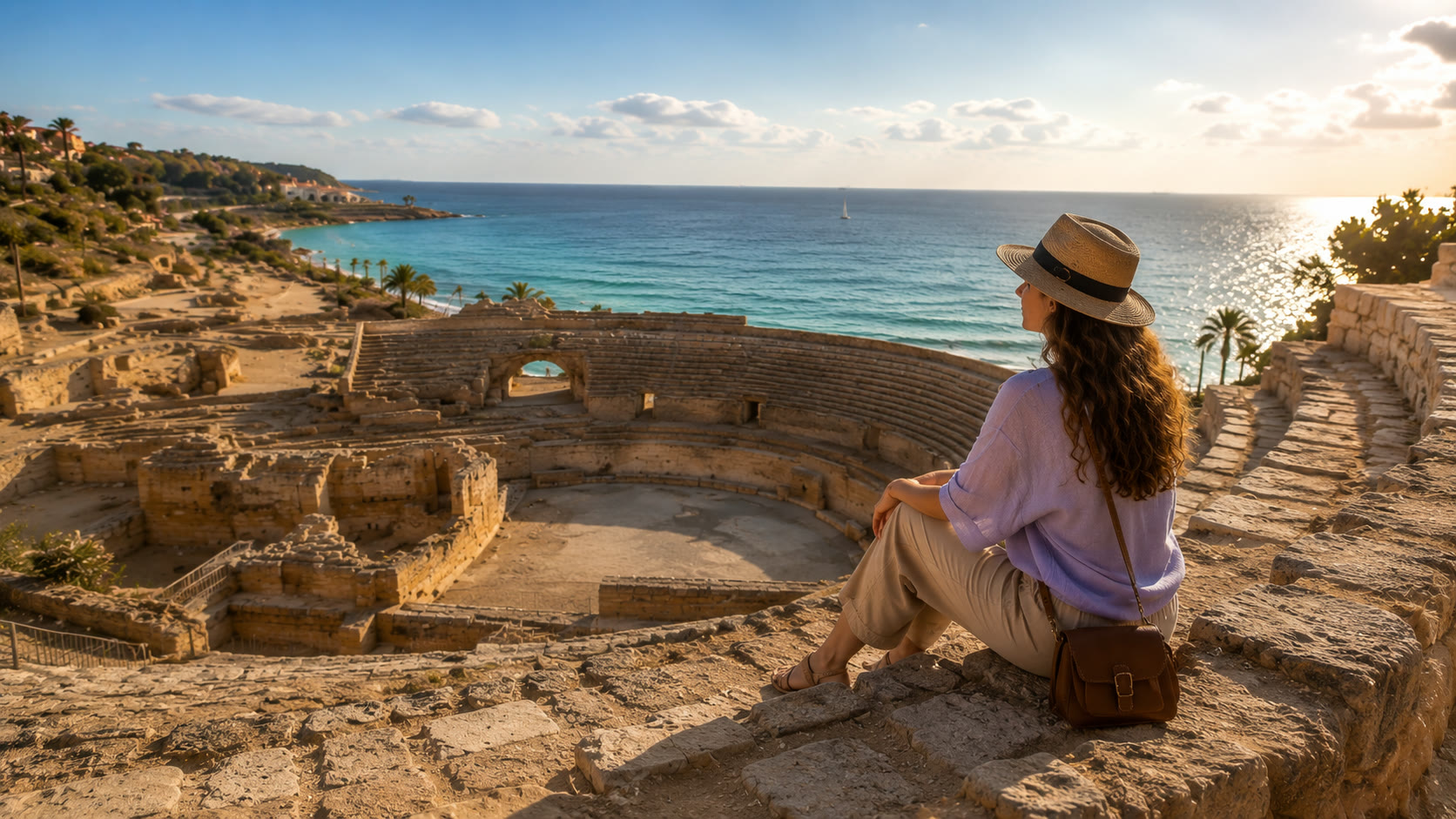 Una visitante sentada en las gradas del anfiteatro romano de Tarragona, contemplando el mar