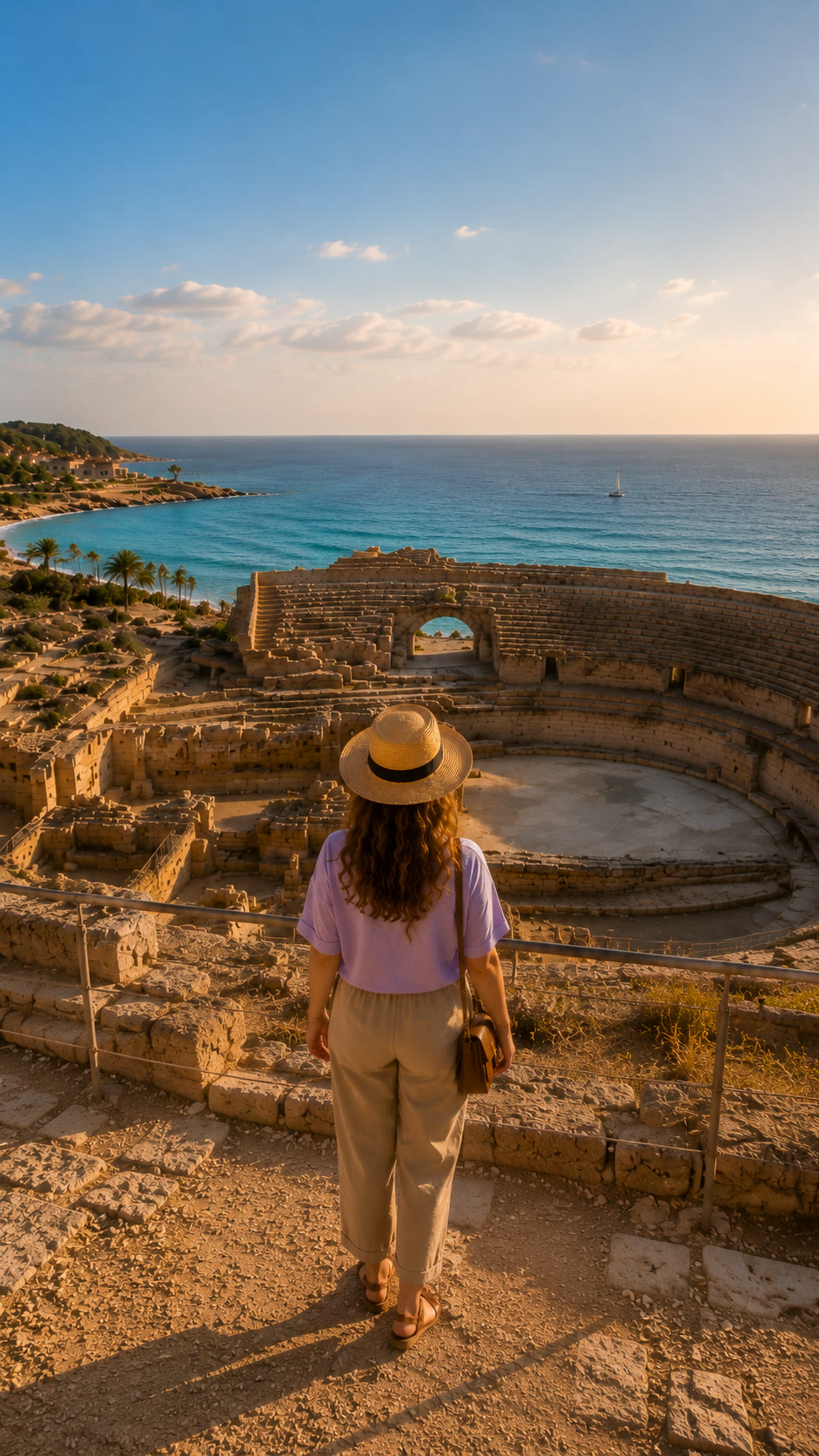 Una visitant dreta contempla l'amfiteatre romà de Tarragona i el mar