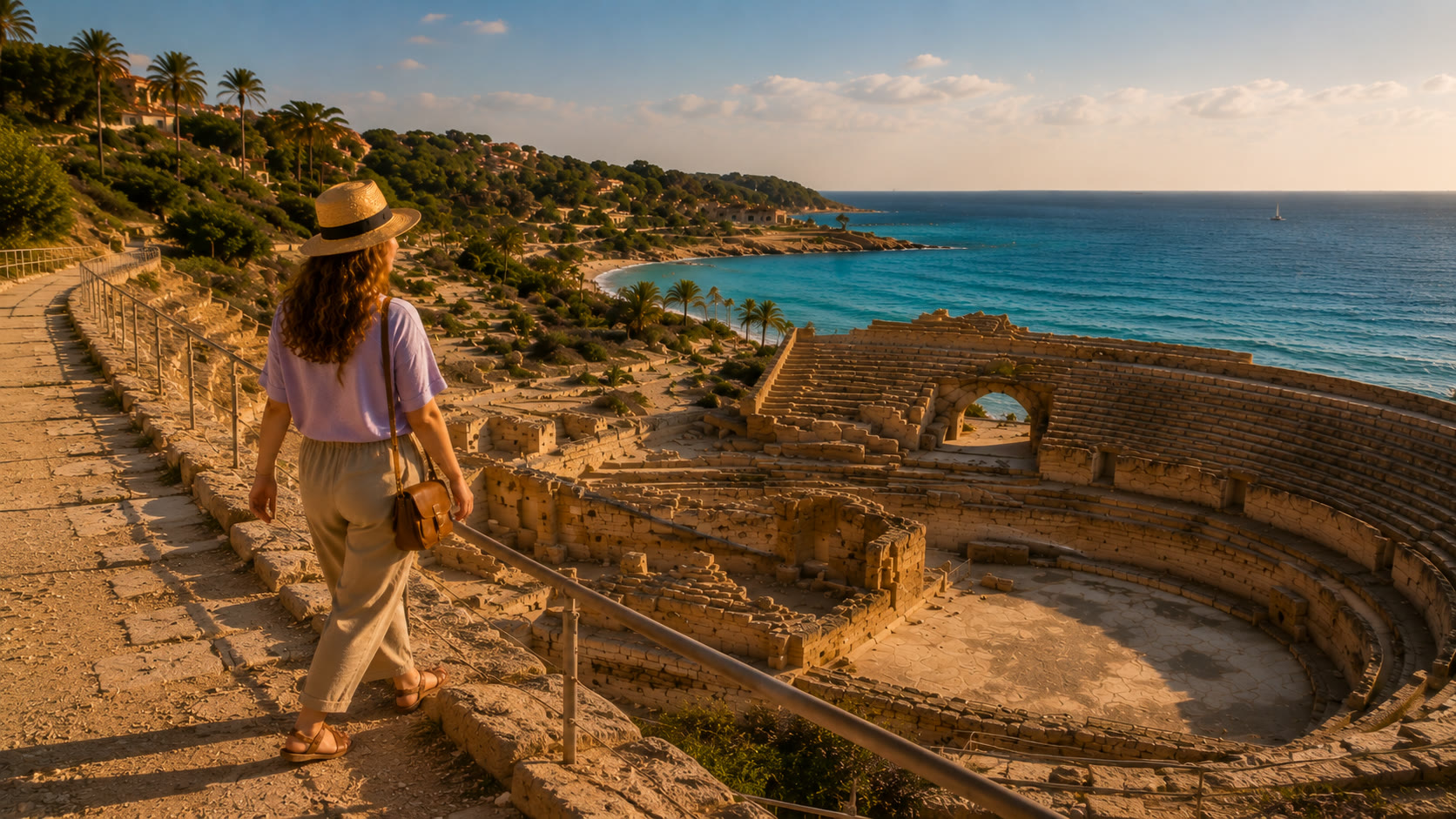 Una visitante recorre el sendero superior del anfiteatro romano de Tarragona junto al mar