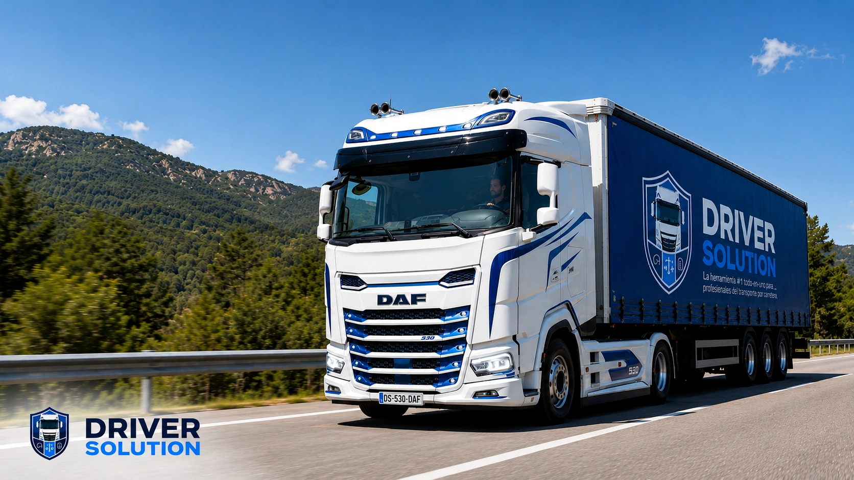 DAF truck branded with the Driver Solution logo driving along a dual carriageway