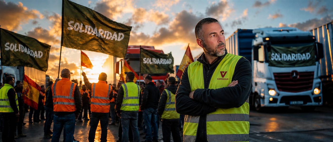 Transport workers with Solidaridad trade union flags next to their trucks