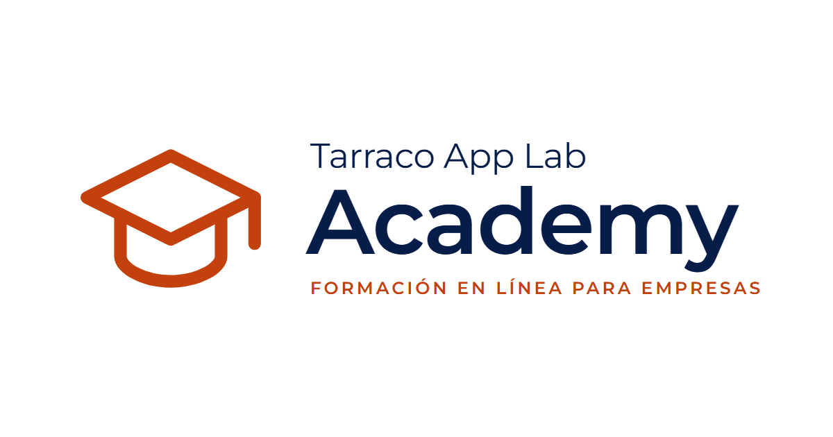 Logotipo de Tarraco App Lab Academy: un birrete de graduación en color arcilla junto al nombre y el lema «Formación en línea para empresas»