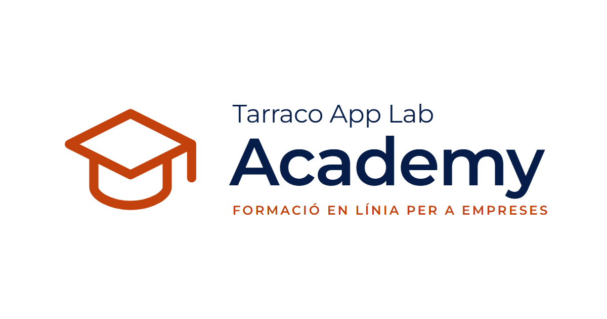 Logotip de Tarraco App Lab Academy: un birret de graduació de color argila al costat del nom i el lema «Formació en línia per a empreses»