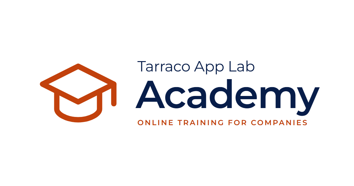 Tarraco App Lab Academy logo: a clay-coloured graduation cap next to the name and the tagline “Online training for companies”