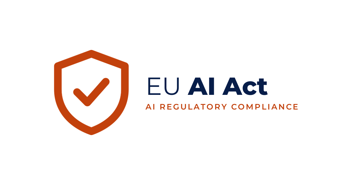 EU AI Act: a shield with a check mark, in clay, above the «EU AI Act» wordmark
